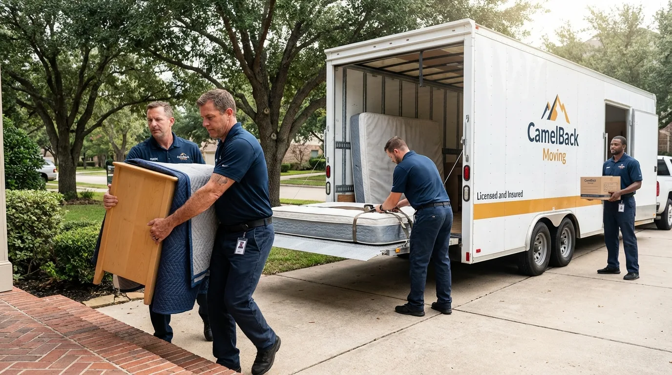 Crew loading residential truck for cross-state move from Monahans, TX