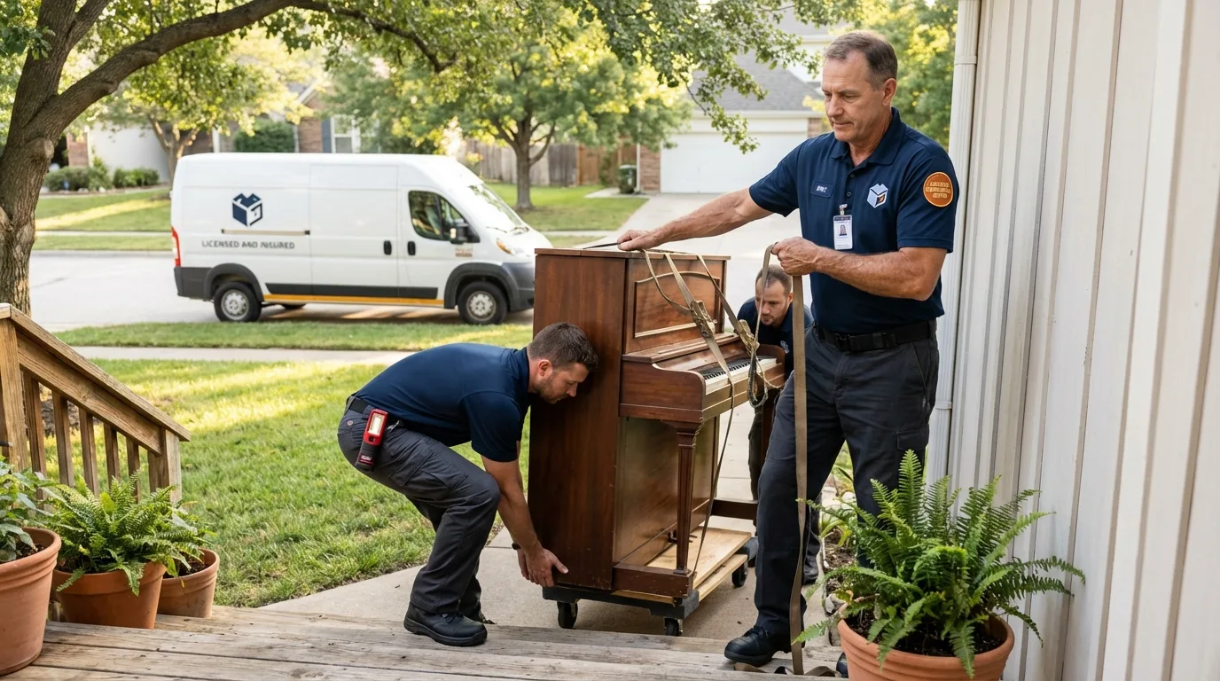 Licensed piano movers securing grand piano in Monahans, TX