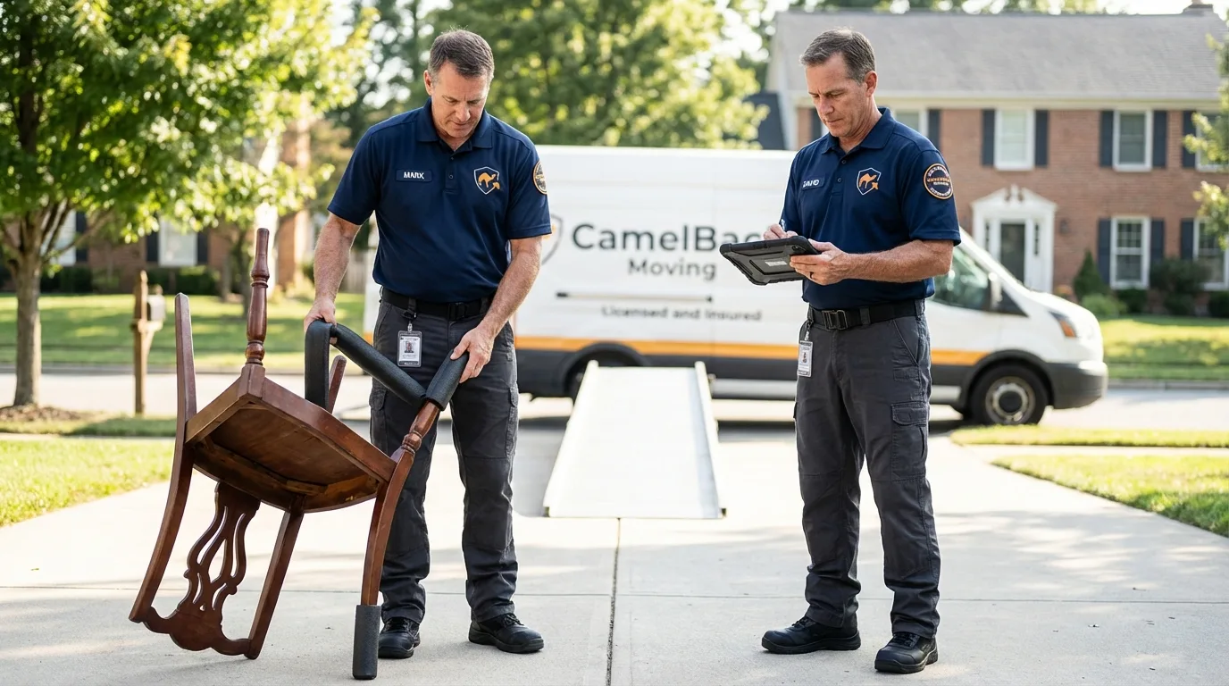 Movers inspecting furniture for damage prevention before loading in Monahans, TX